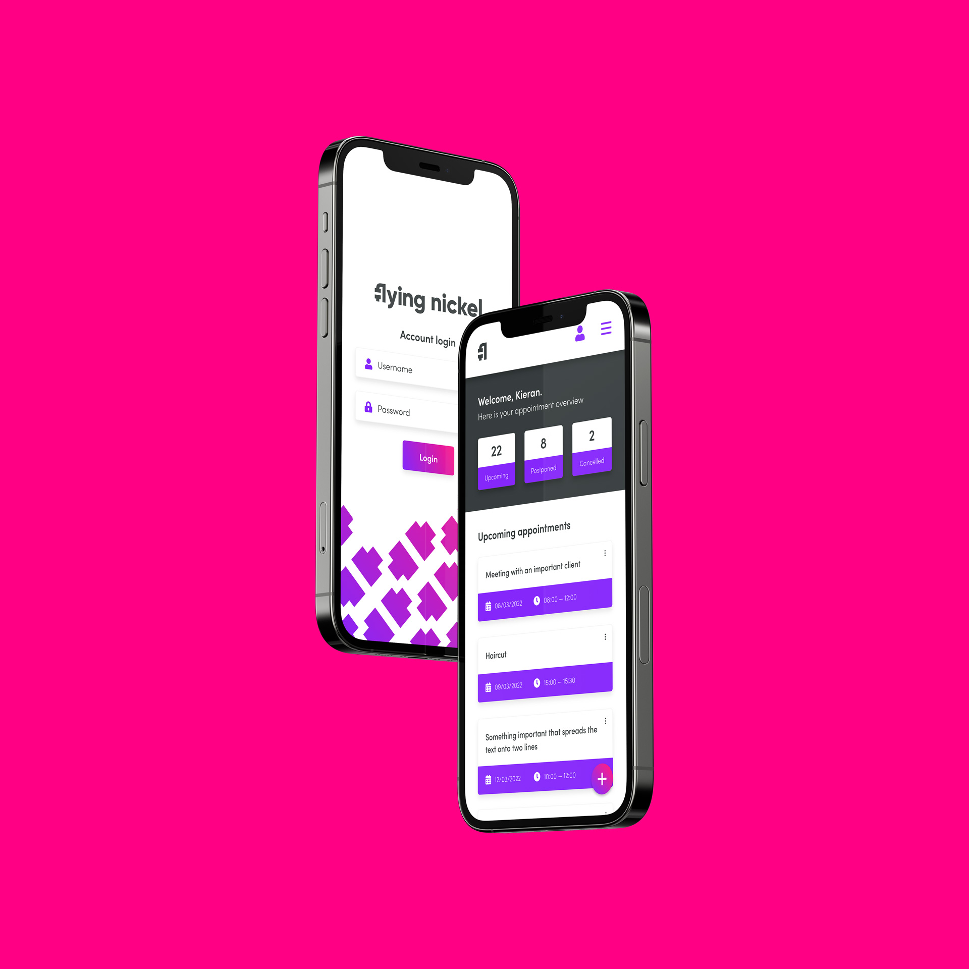 Two mobile phones showing a mock Flying Nickel app