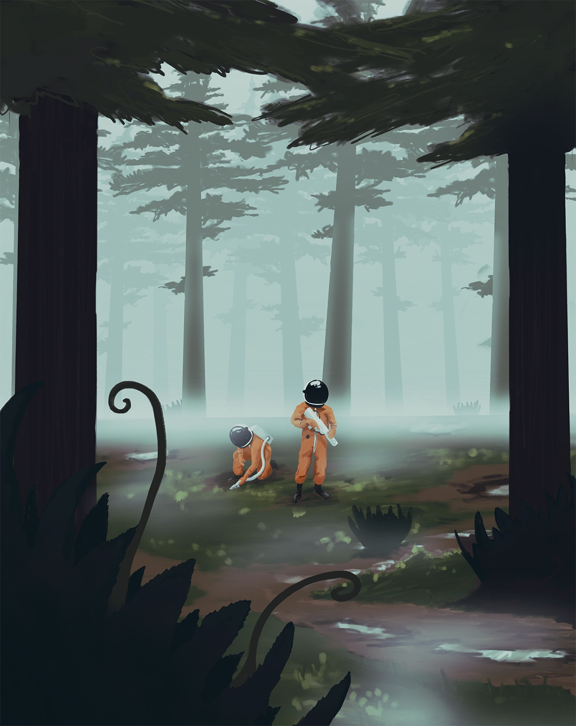 Two scientists in orange hazmat suits scanning for something in the dirt