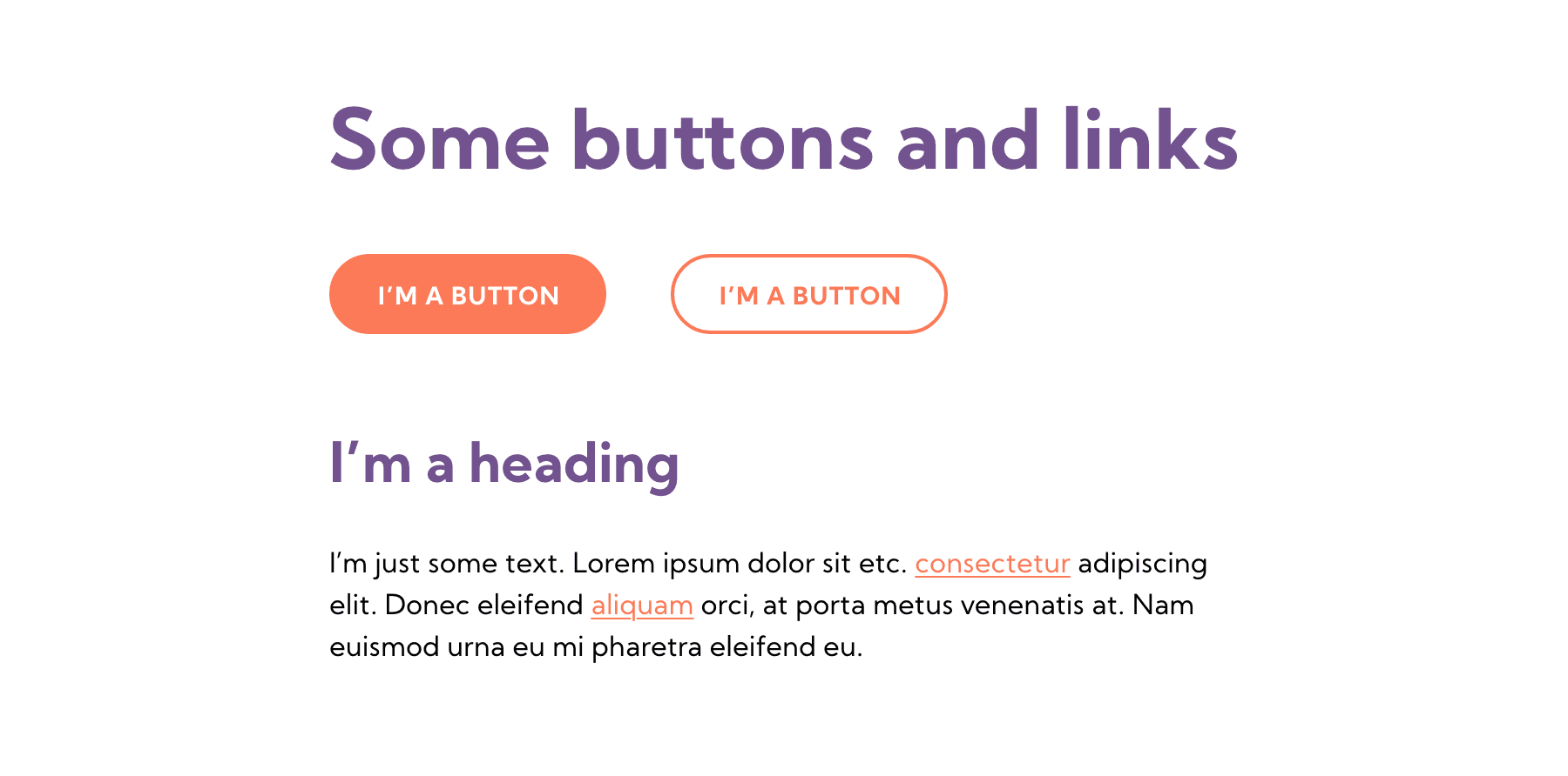 Example design showing headings in purple, two styles of button with orange accents and a body of text with orange links