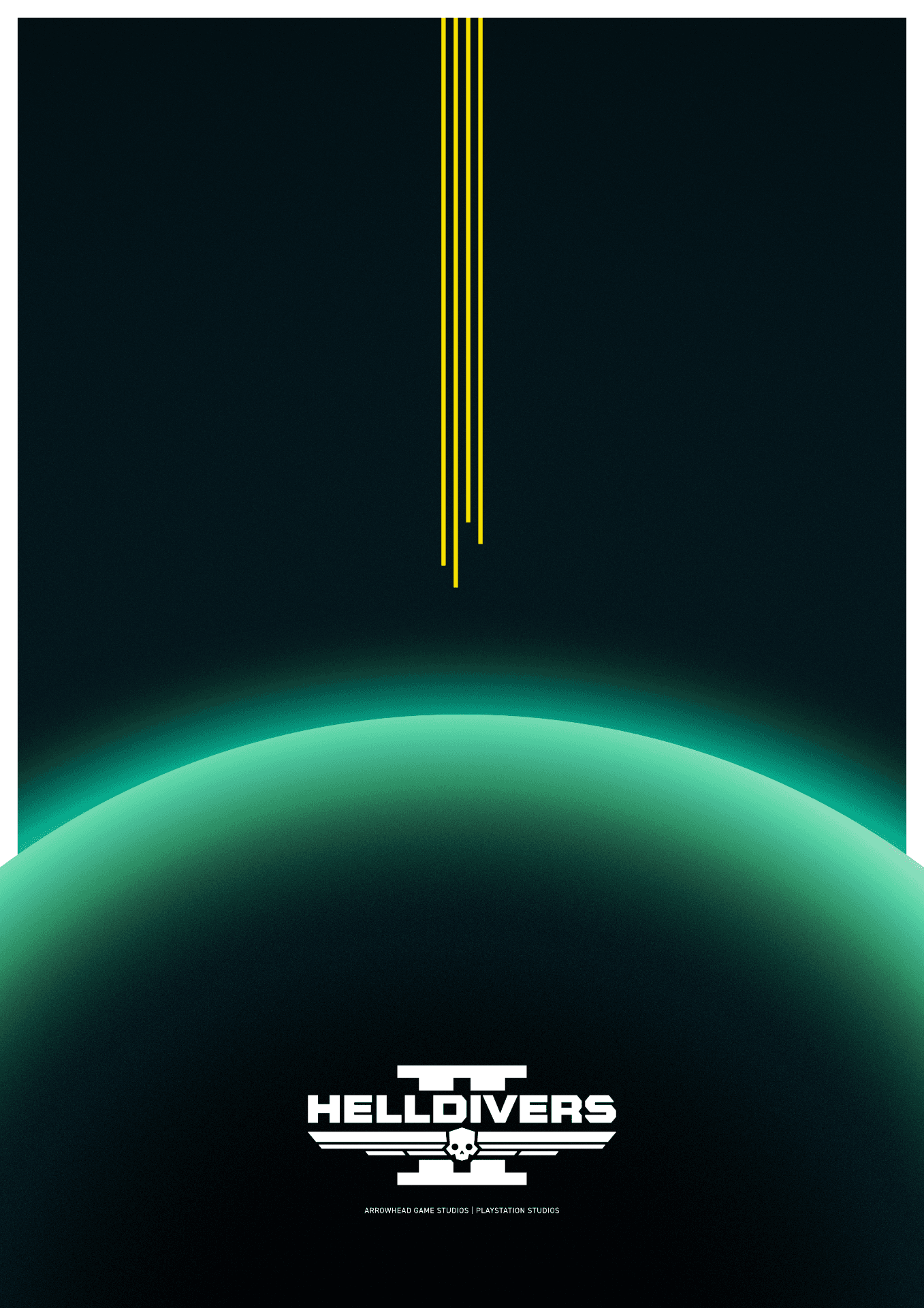 A minimalist poster shows four straight yellow lines dropping towards a green planet. The Helldivers 2 logo is positioned over the bottom of the planet, where it fades to black.