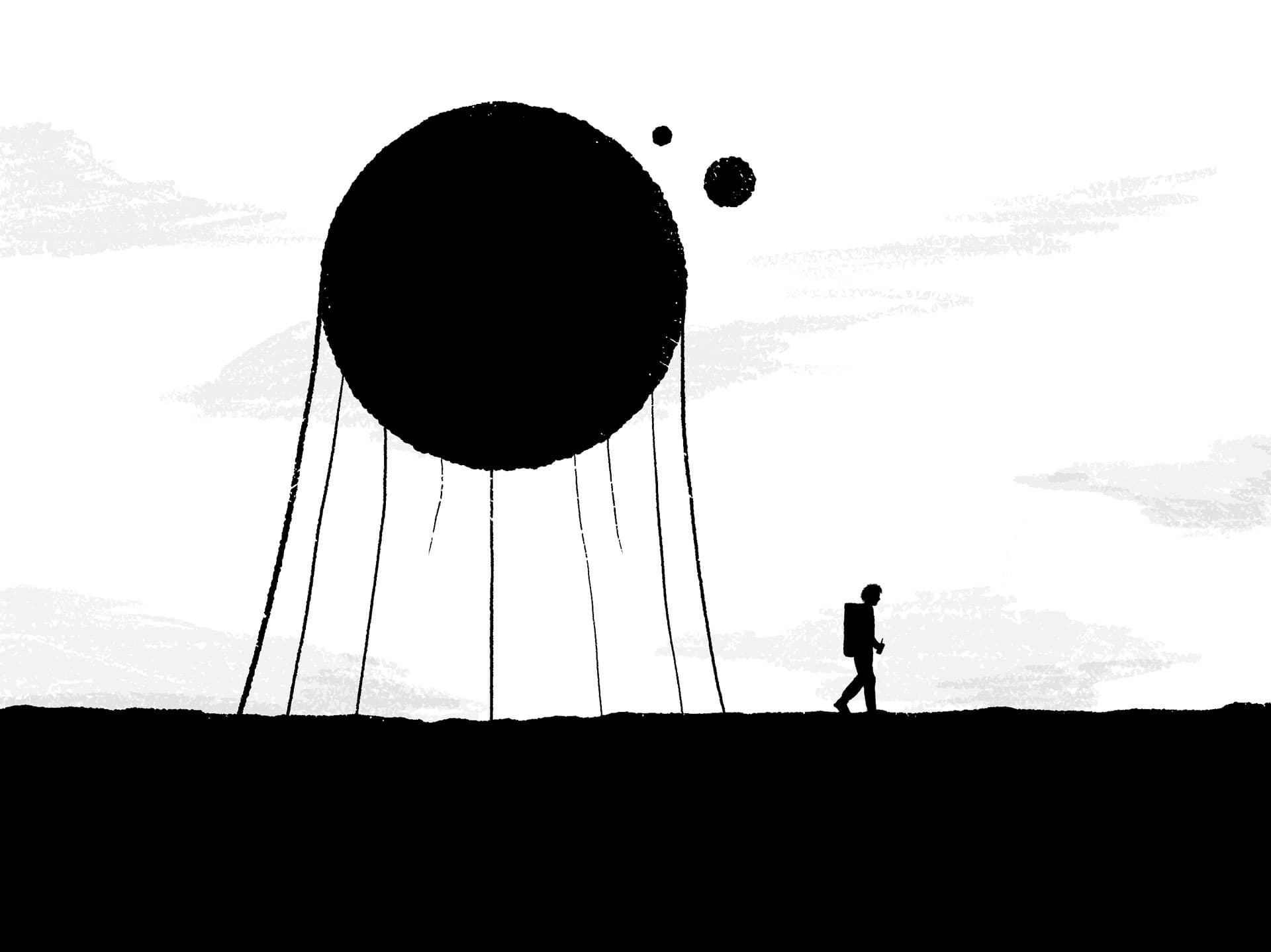A little silhouette of a man having a walk along a rock path. There's an alien orb floating in the background with cables hanging from it