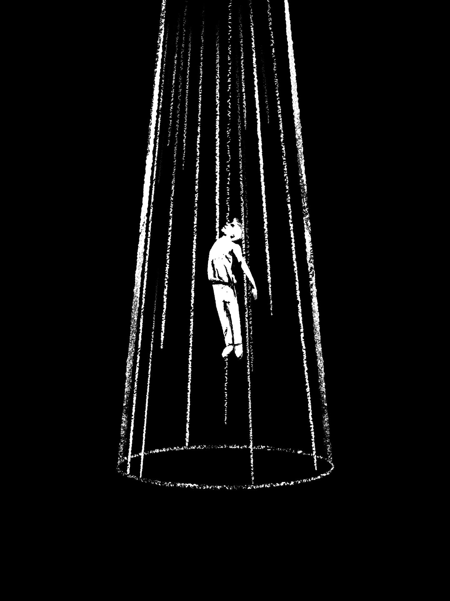 A man floating into the air through a tunnel of light. An alien abduction?