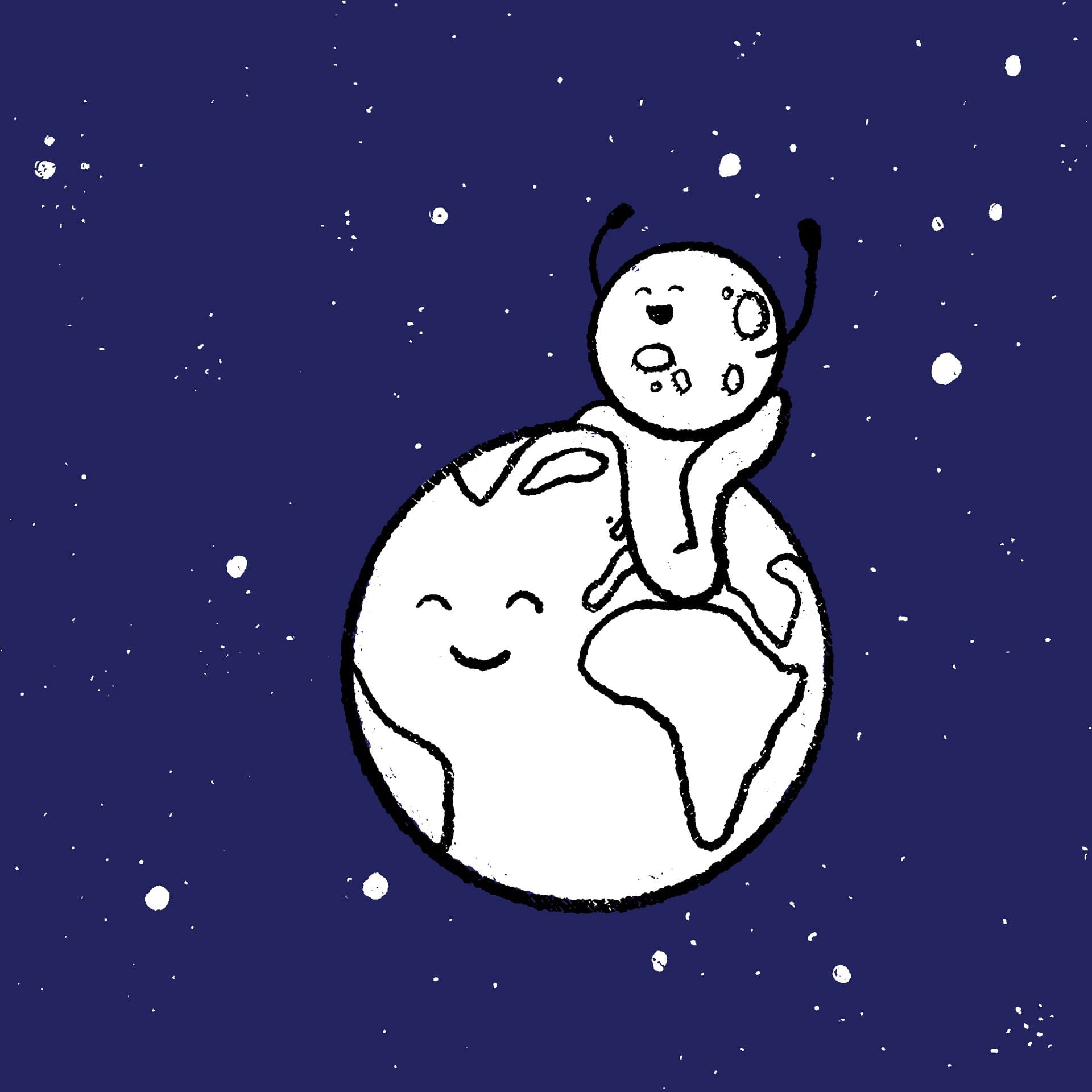 The moon riding on the back of the Earth. Both are happy