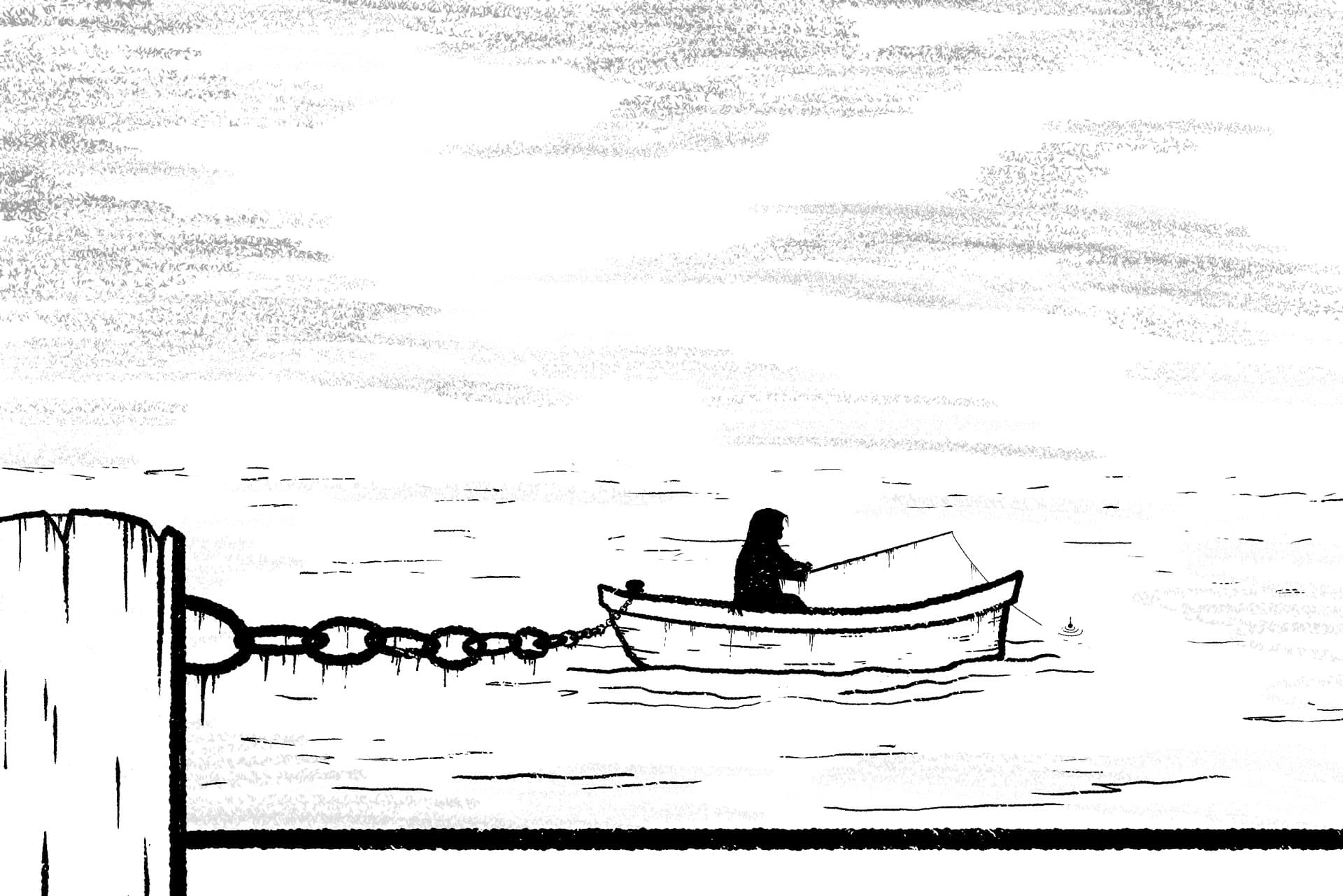 A ghostly fisherman out at sea in a little wooden boat. The boat is tethered to the dock by a rusty chain