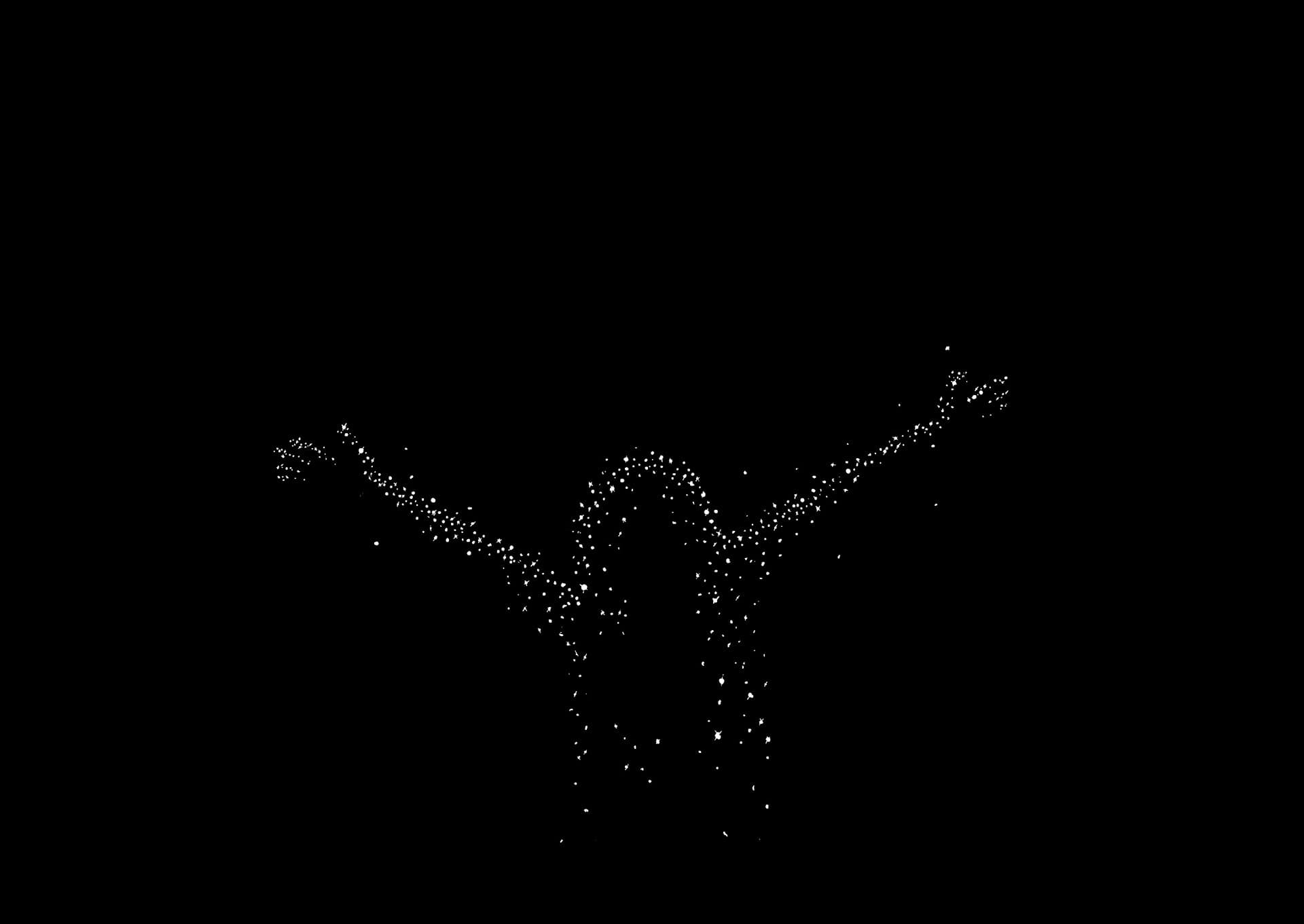The silhouette of a figure with their arms outstretched towards the sky. Their shape is drawn with a series of sparkles
