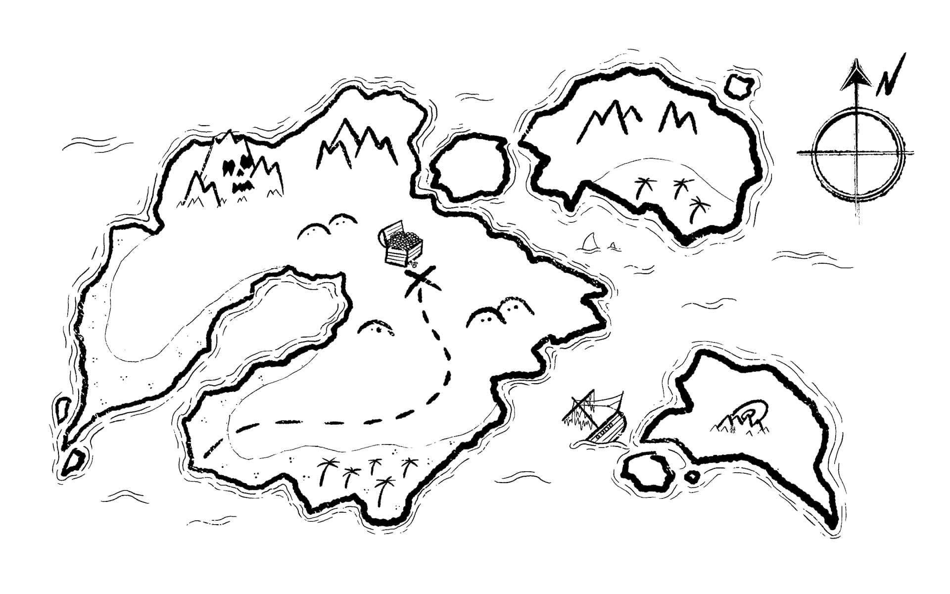 A treasure map with an X marking the spot. There's a skull mountain in one area of the map, a shipwreck, and a spaceship