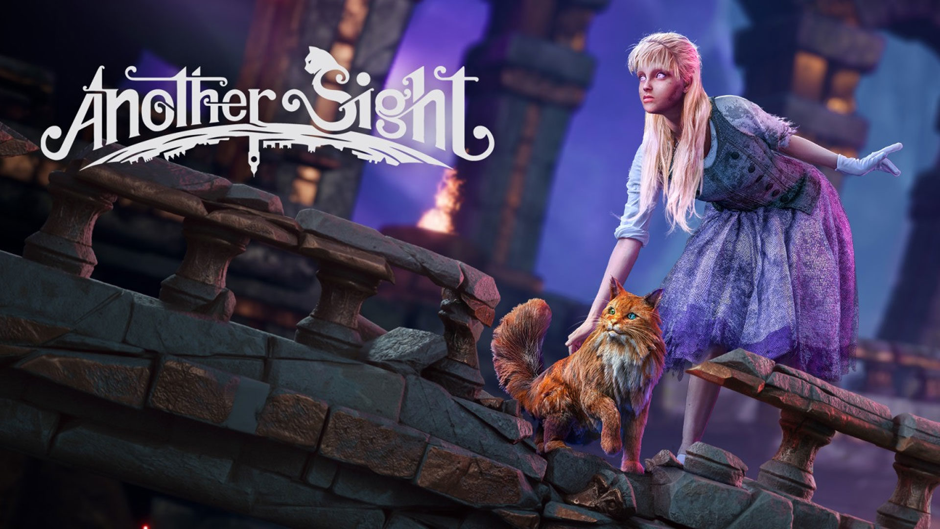 Another Sight artwork with main character stroking a ginger cat
