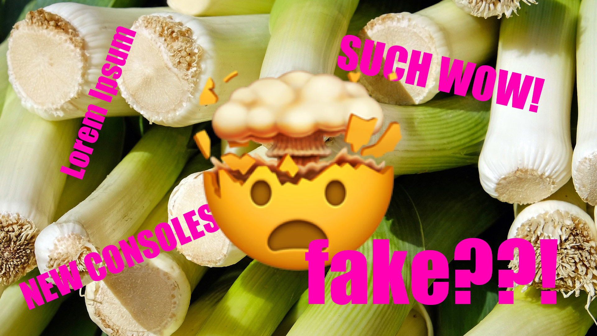 A mindblown emoji with various words such as "fake?" around it