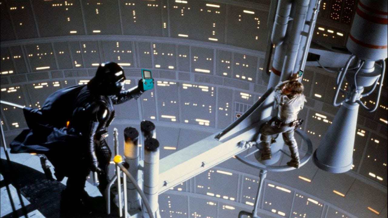 Darth Vader holding out a Game Boy to Luke with an iPhone