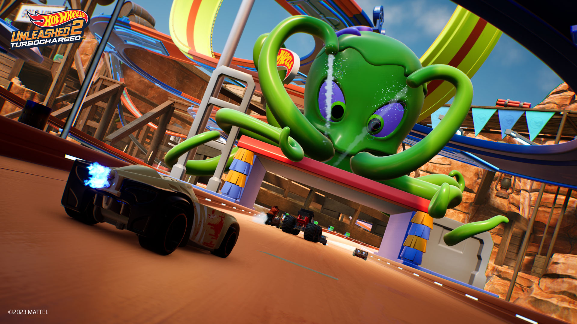 Hot Wheels car driving under giant green octopus
