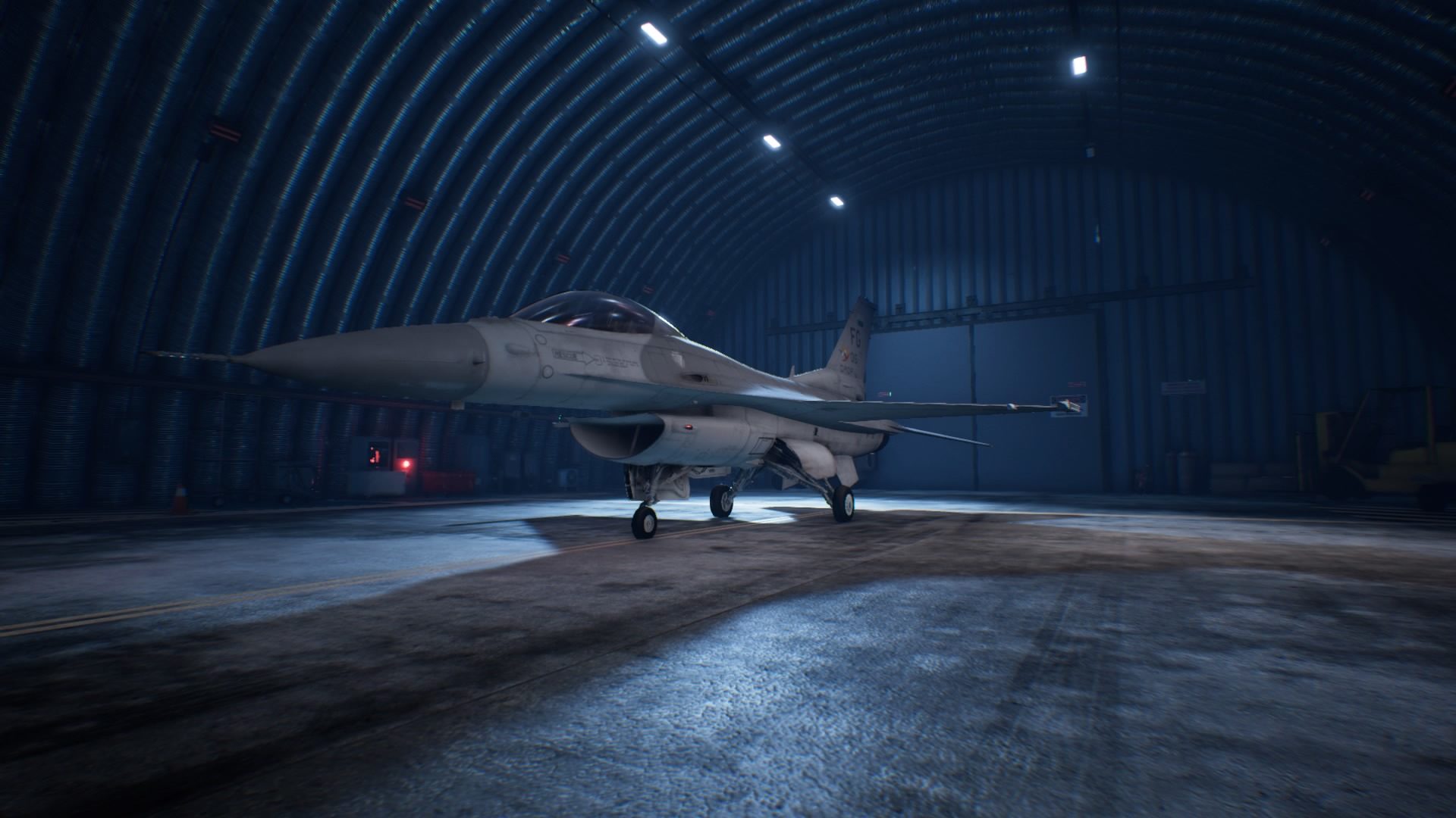 A fighter jet in a hangar