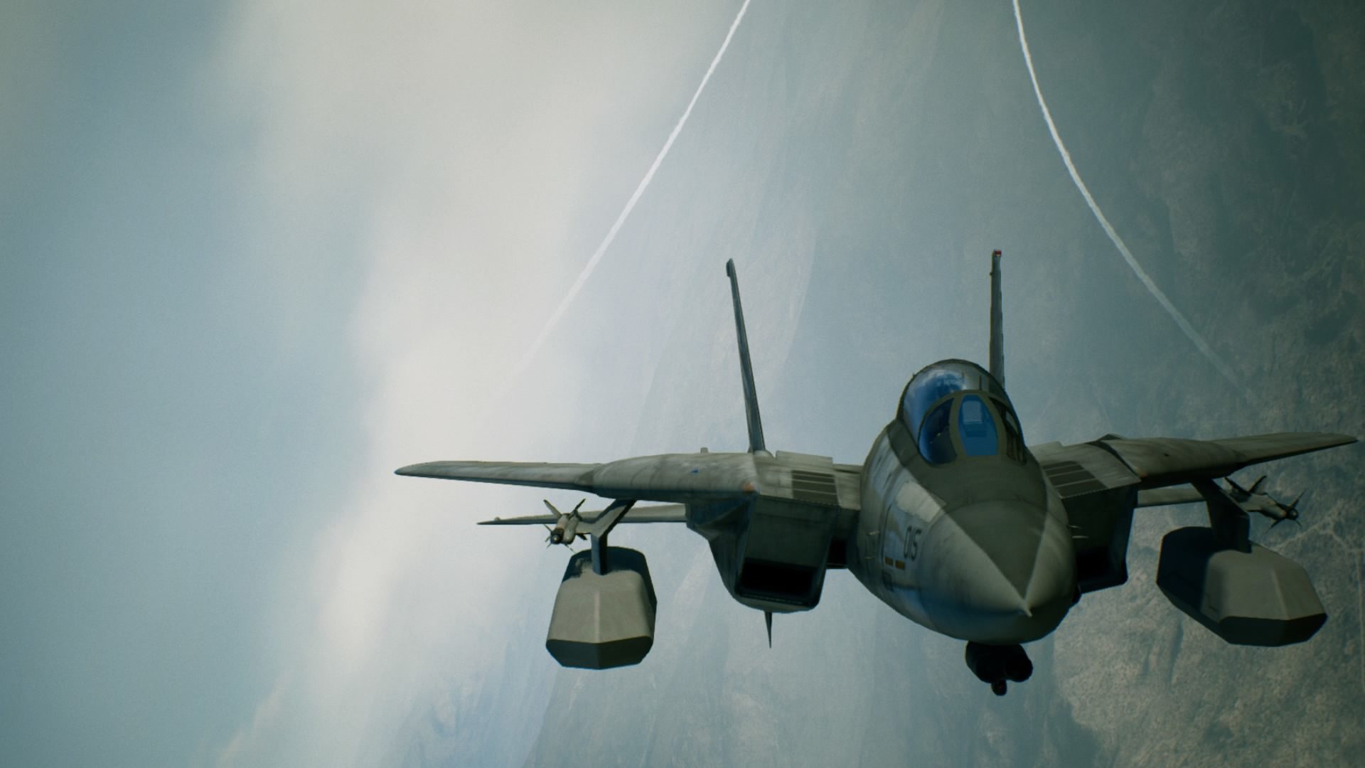 A fighter jet flying through a foggy sky