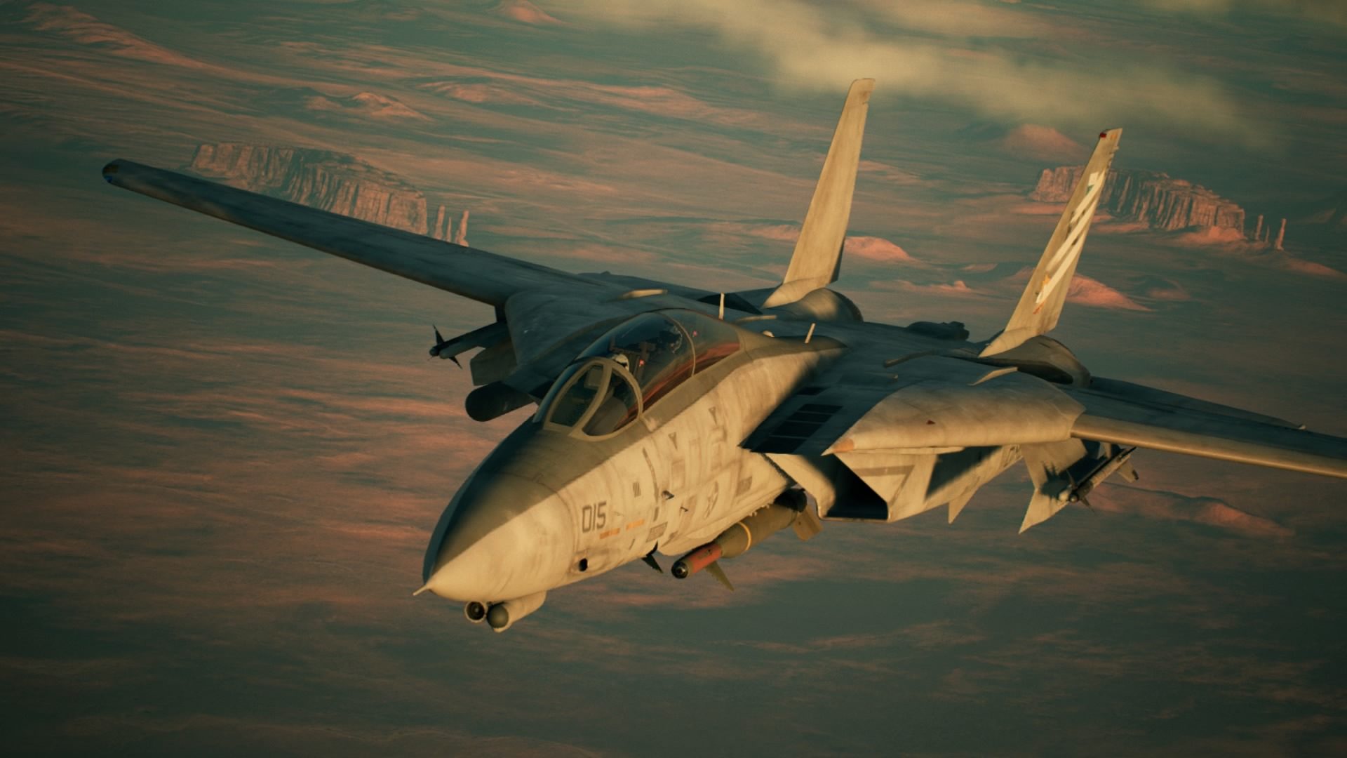 A fighter jet flying through a low sunset sky