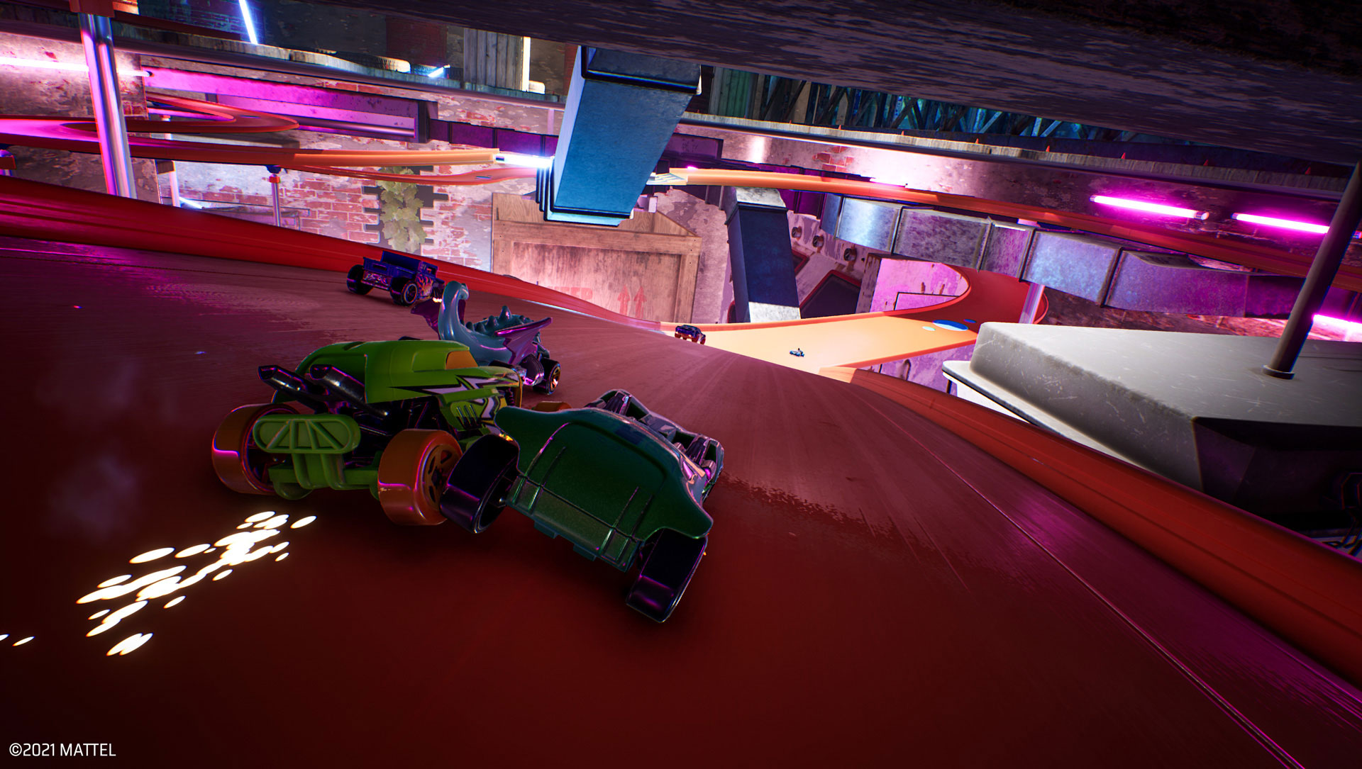 Two Hot Wheels cars scraping against one another during a race