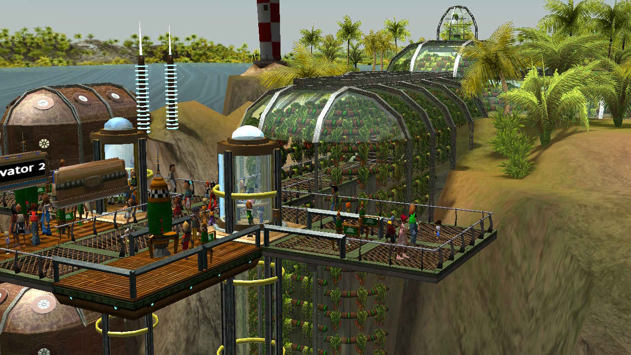 A winding queue outside a glass building in Rollercoaster Tycoon