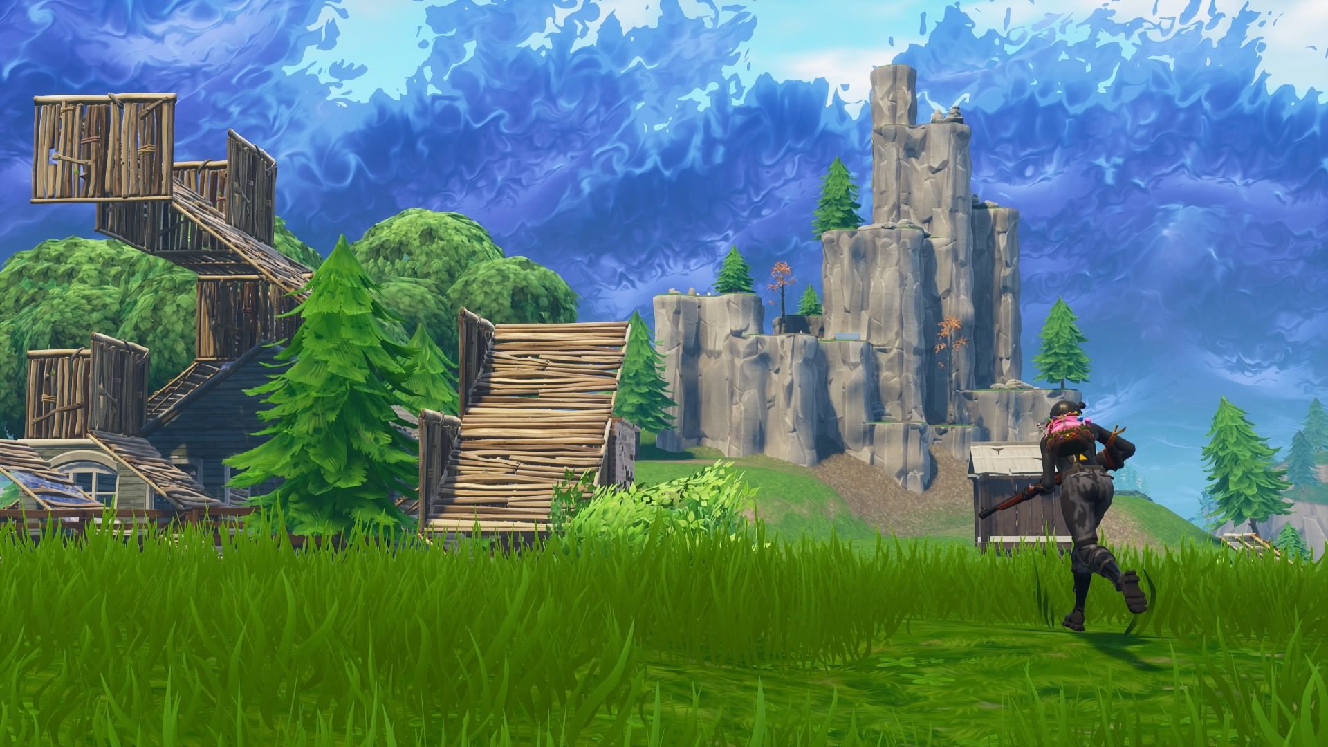 Wooden ramps in a green field