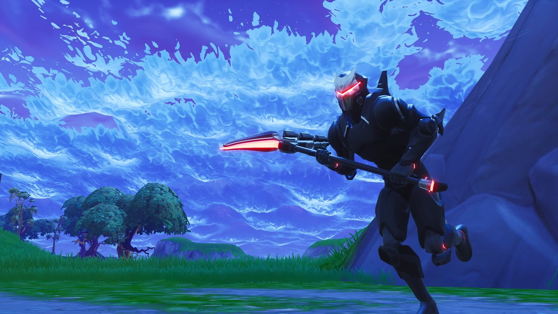 A futuristic looking character with glowing red axe