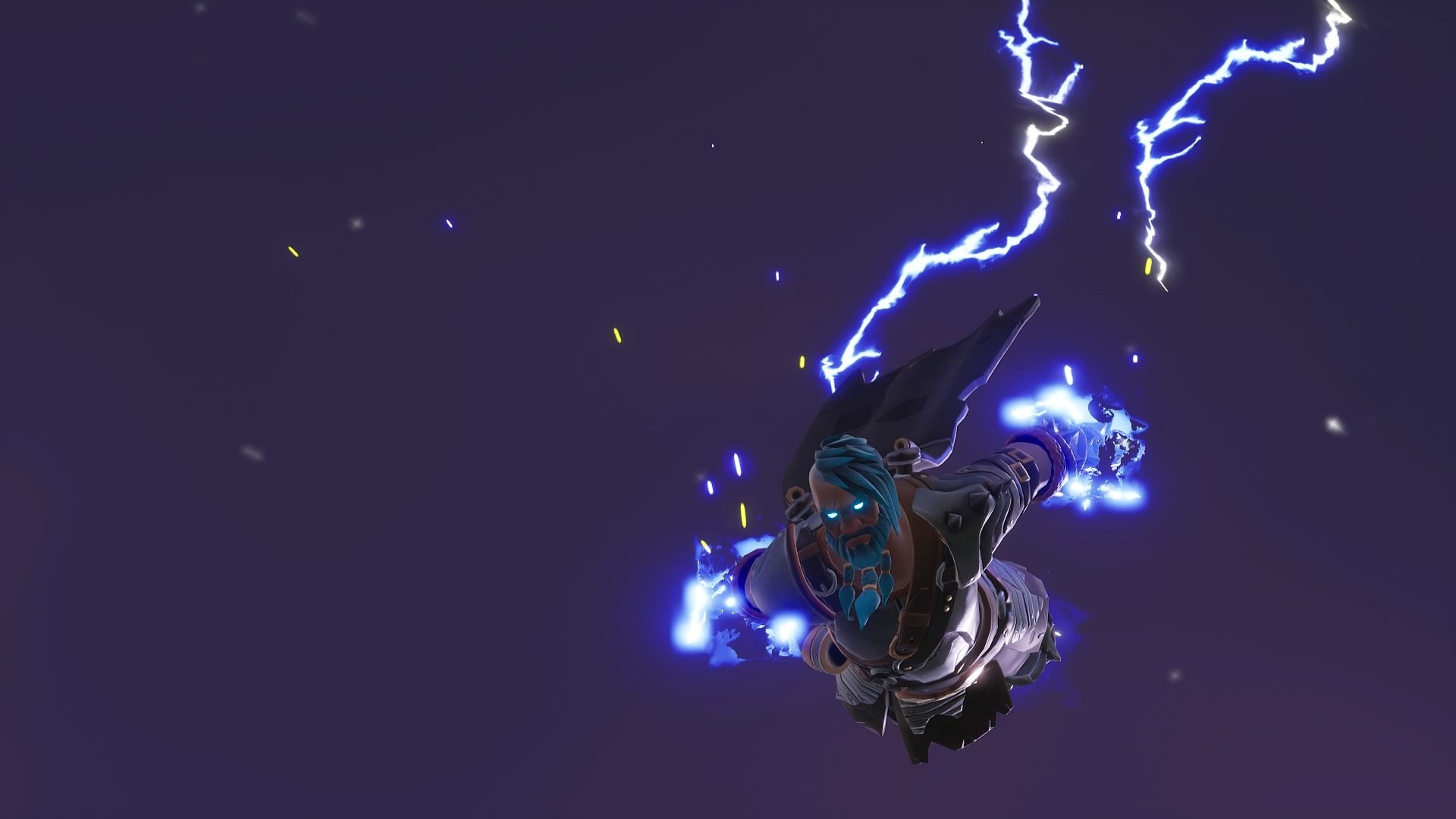 A Thor-like character flying through the sky with lightning trail
