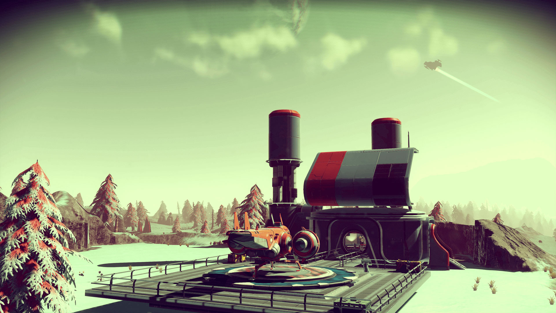 A spaceship on a landing pad
