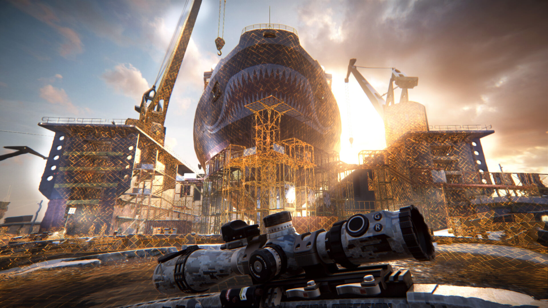 A soldier running towards a giant ship