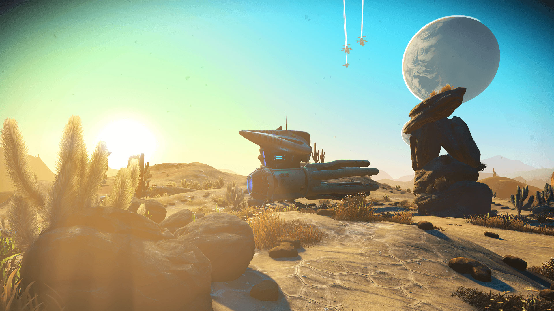Spaceship landing on a barren planet