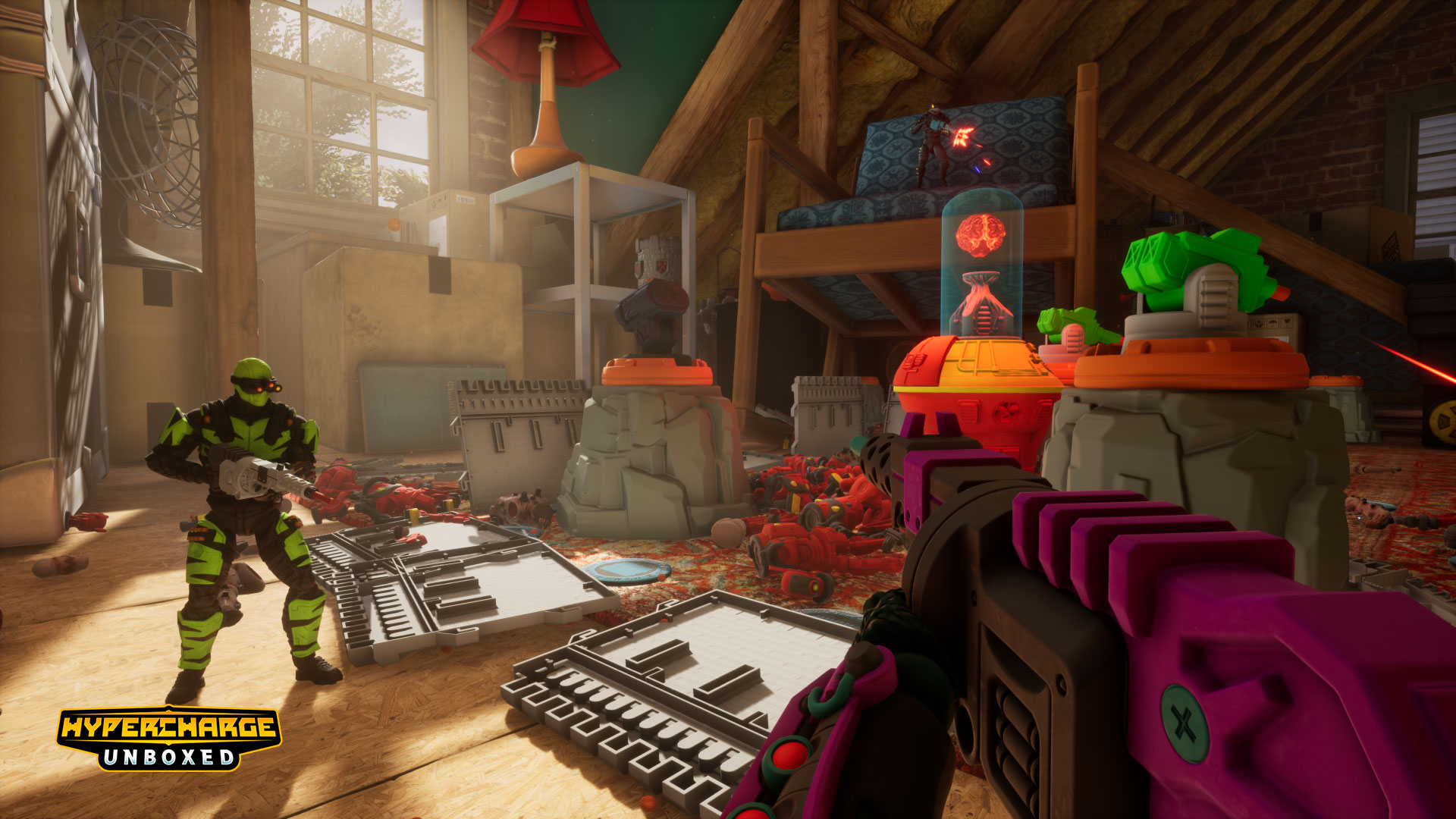 Plastic war toys fighting in an attic