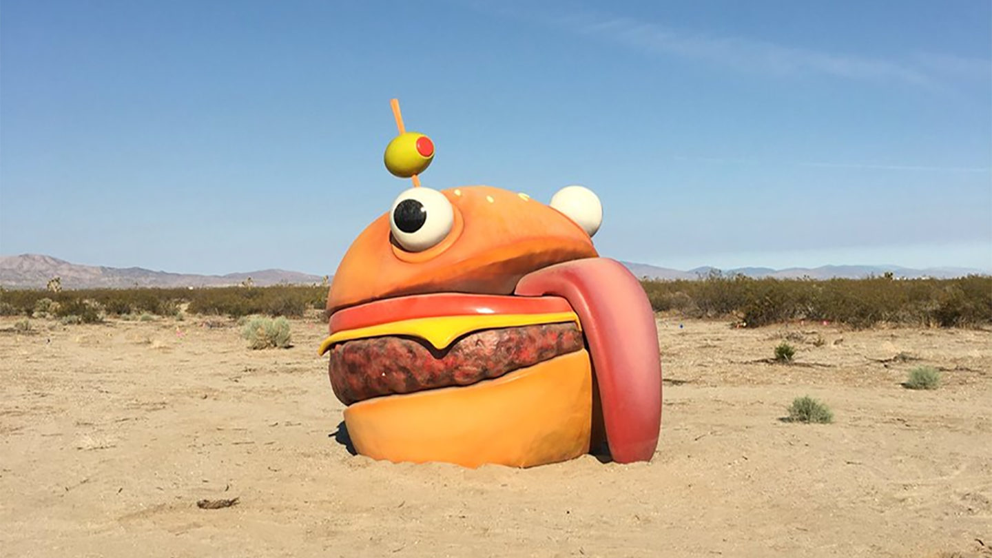 A real-life durr burger from Fortnite with comic eyes and a long tongue