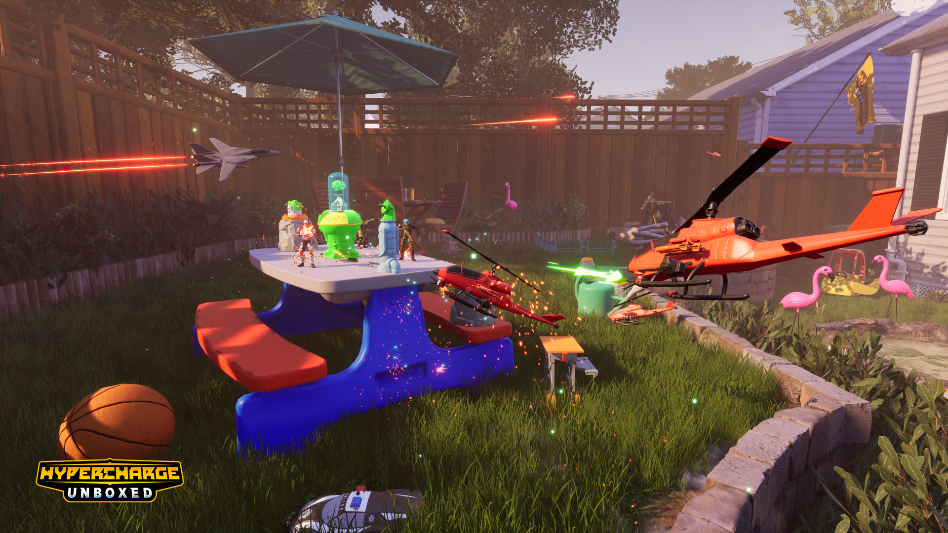 A bunch of toys fighting in a garden