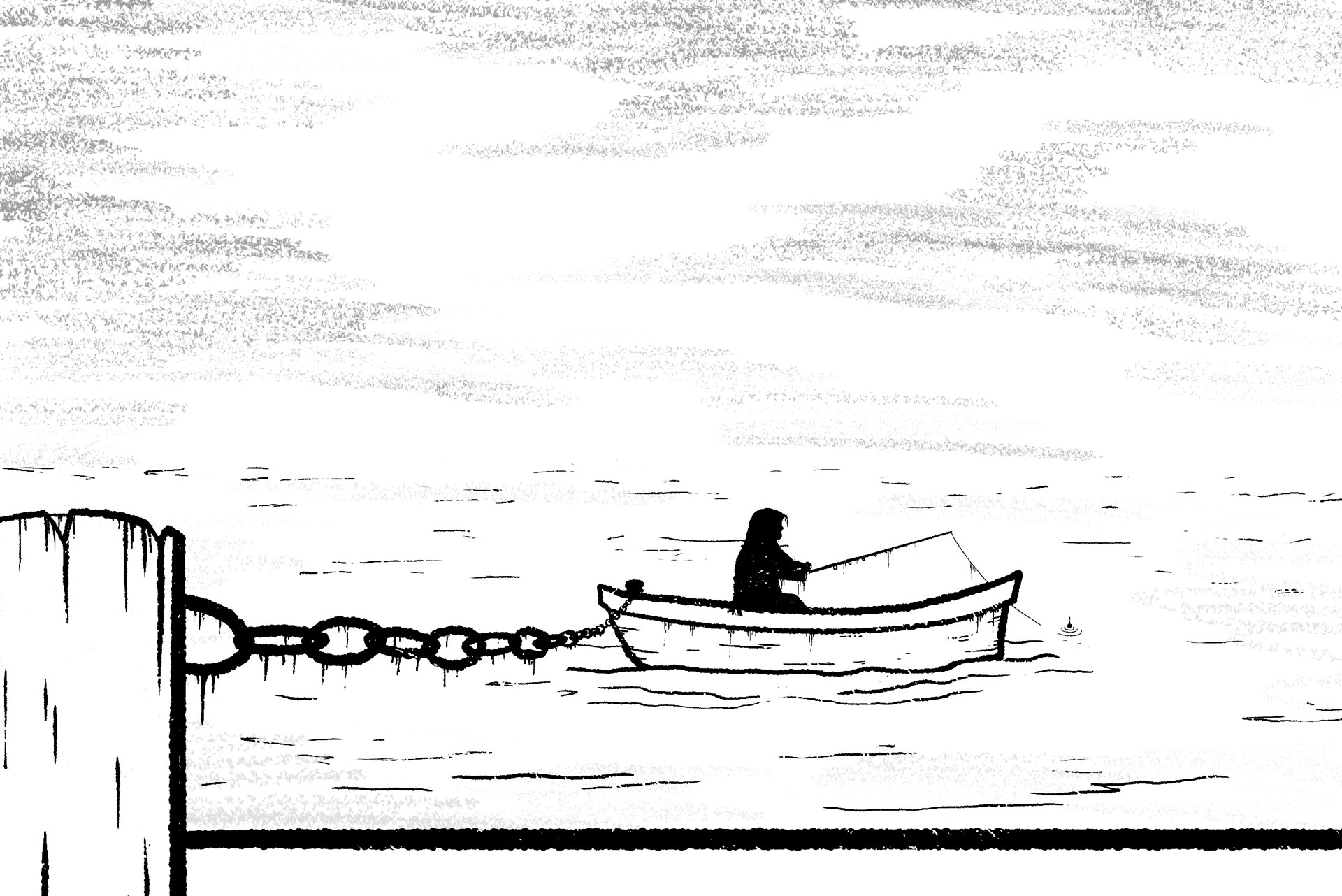 A distressed boat tether by a chain with a fisherman covered in weeds