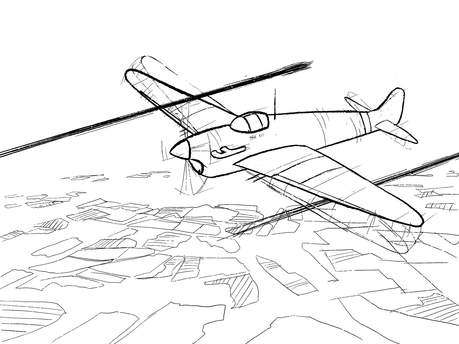 An old propellor plane flying over fields