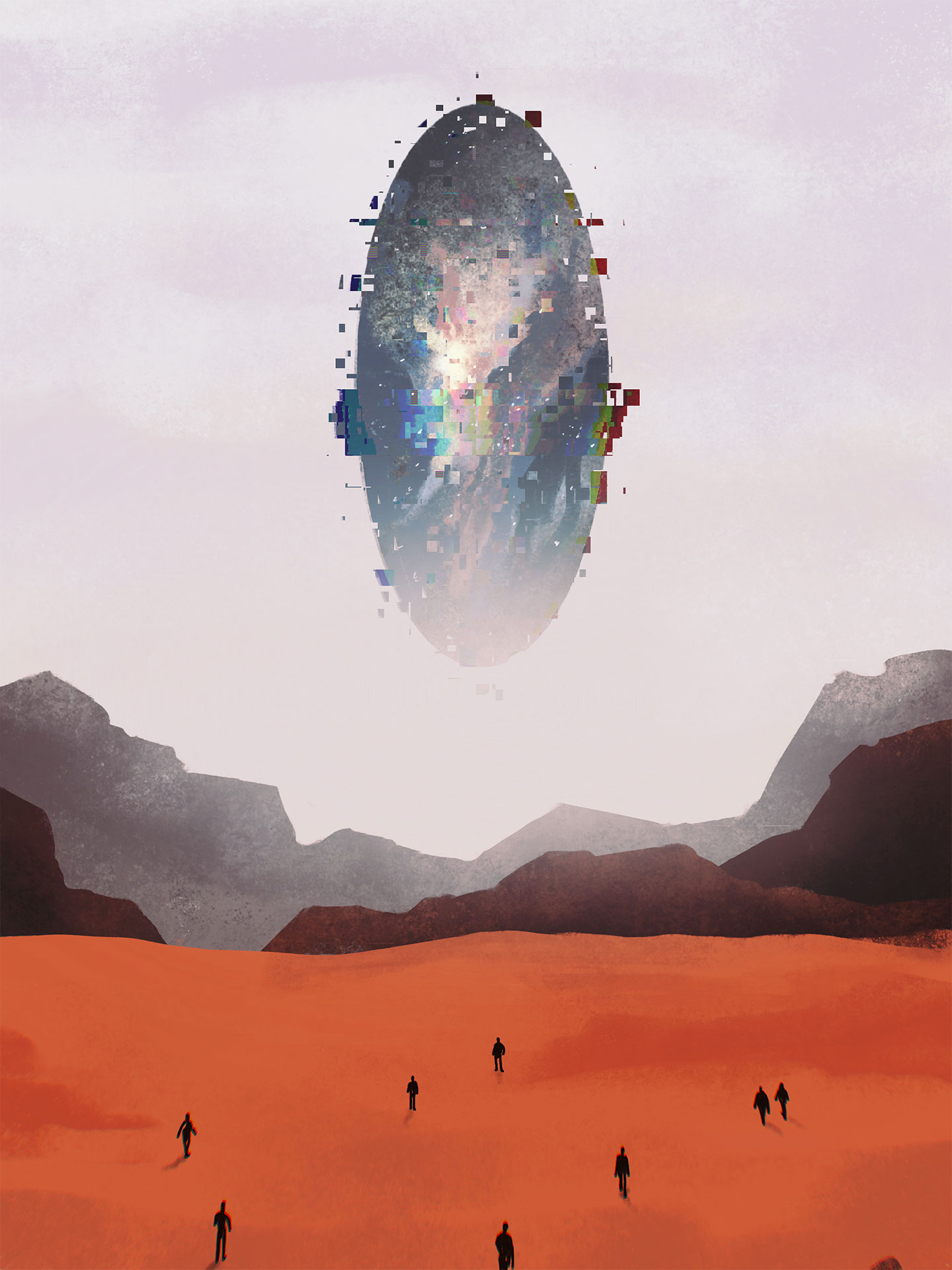 Portal in the sky with small figures walking across the desert towards it