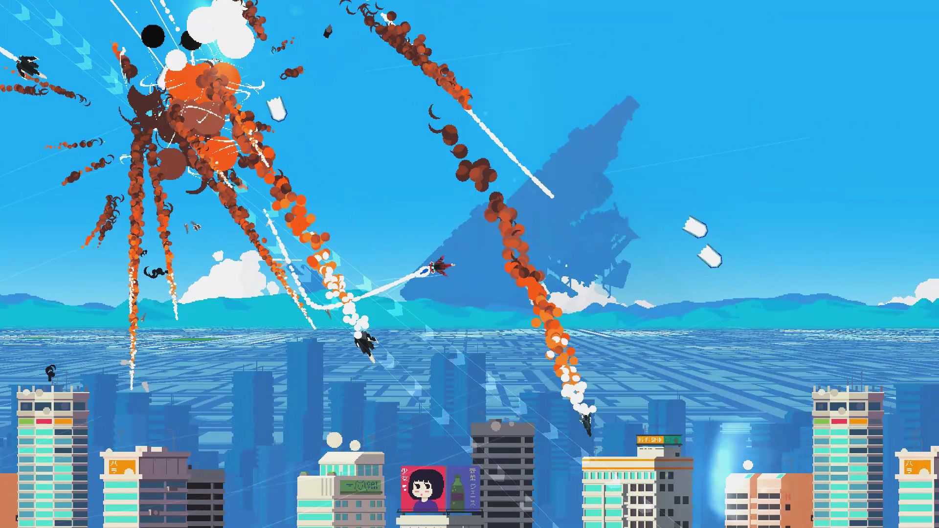 Explosions as a small futuristic planes fly through the sky
