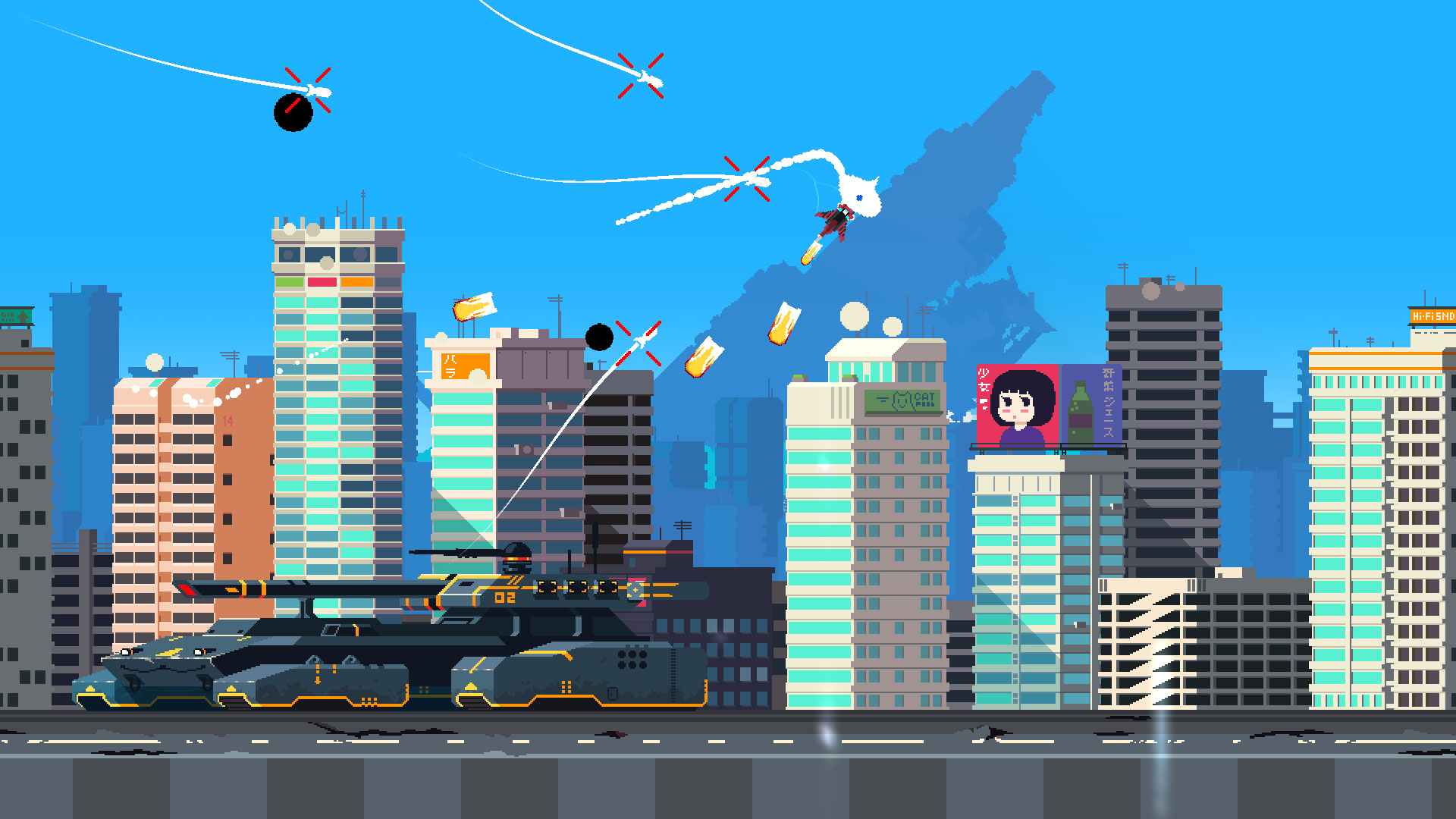 Futuristic planes fighting one another above a cityscape