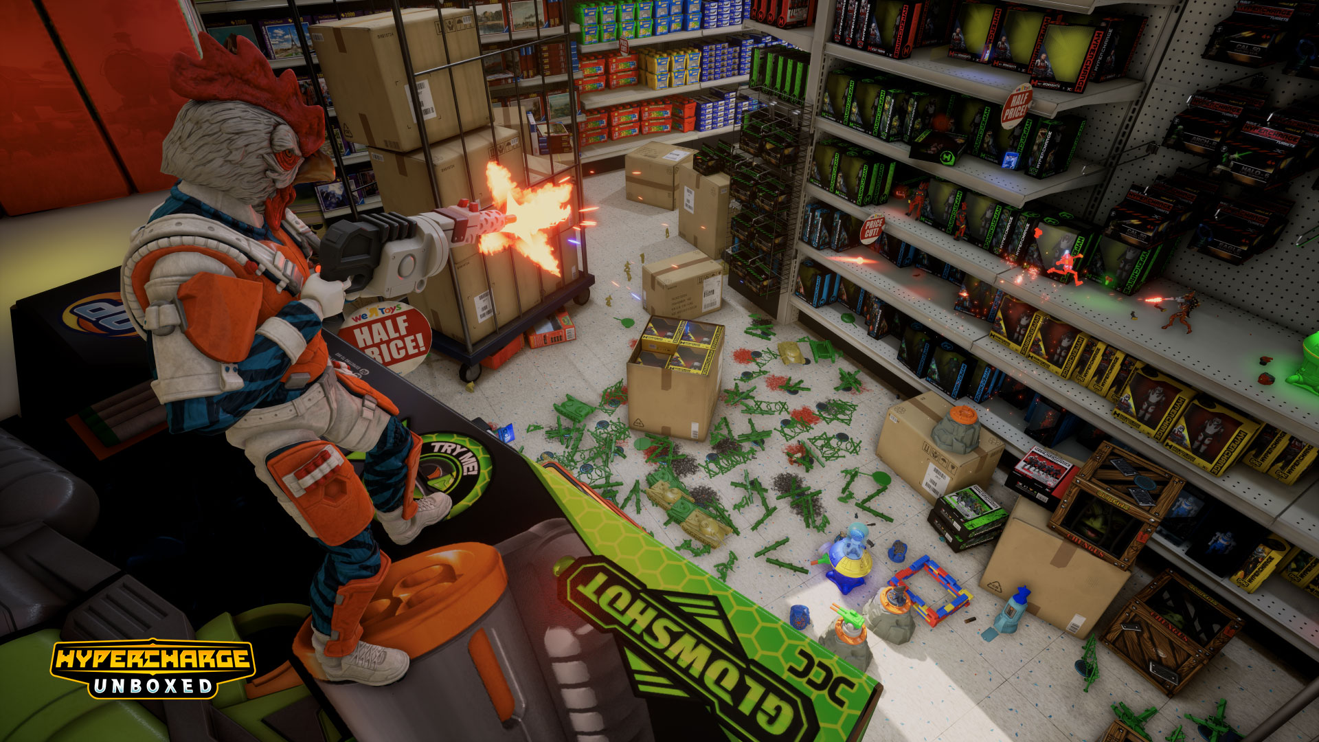 A bunch of toys shooting one another